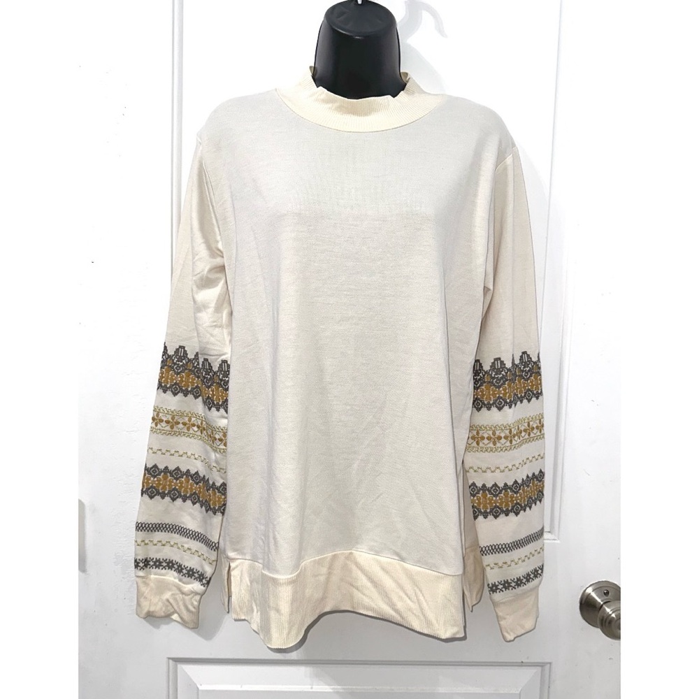 Mystree Cream Pullover Mock Neck Sweater featuring embroidered sleeves